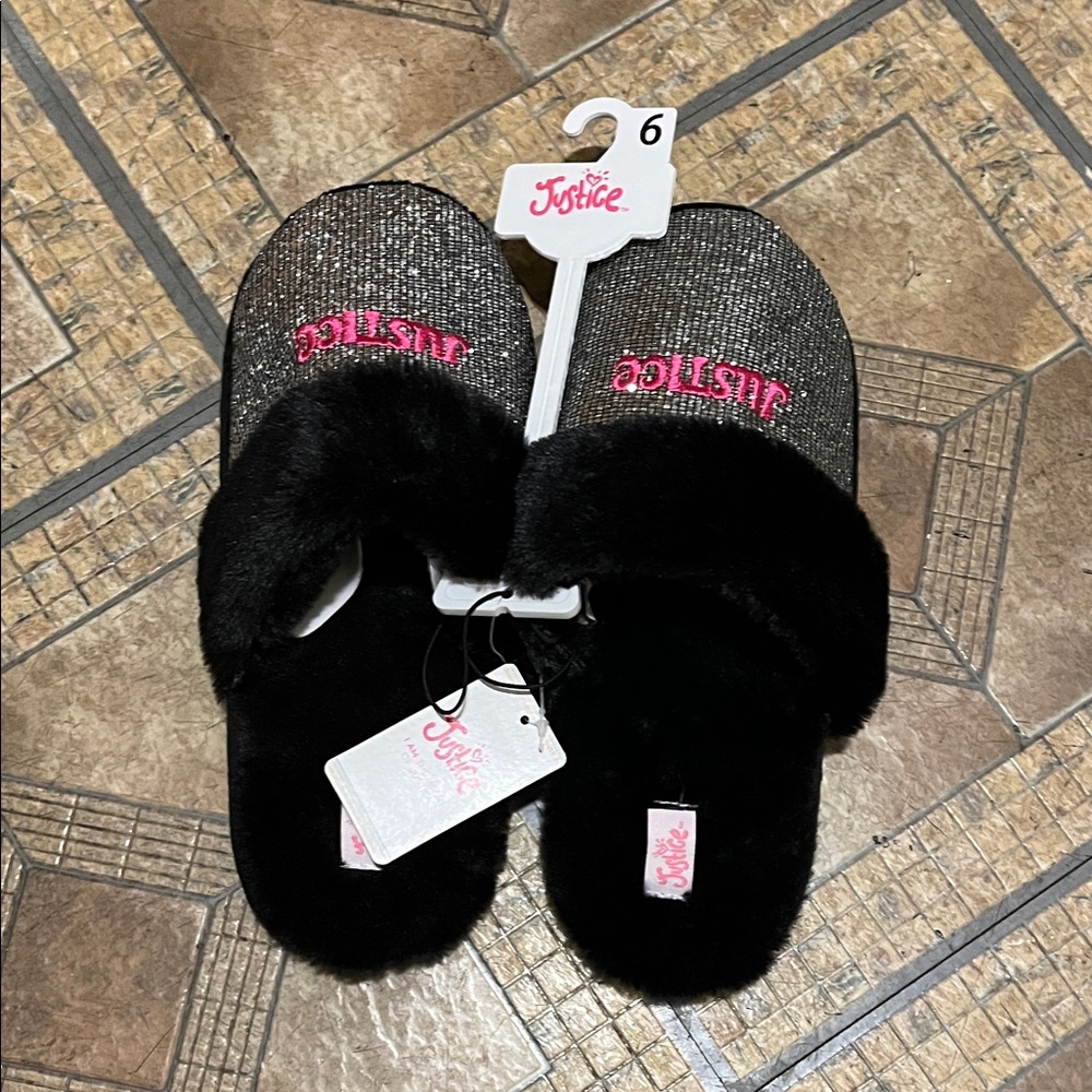 Justice Black and Silver Slippers with Pink Logo